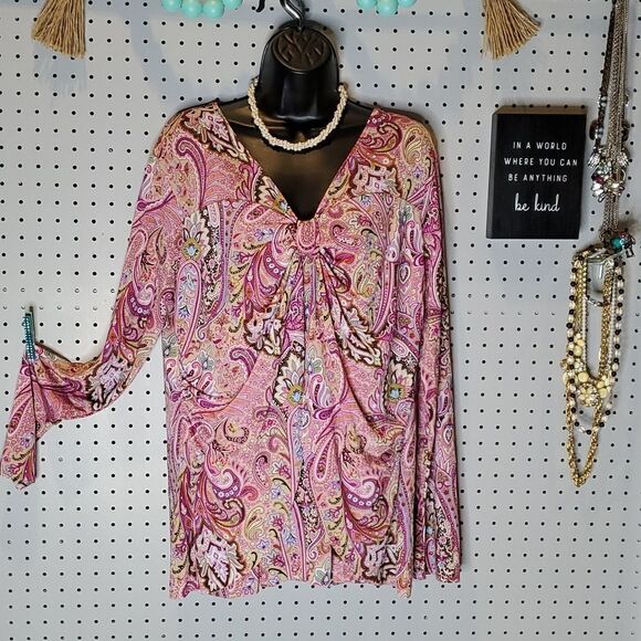 Beautiful Multicolor Pink Paisley Floral Print Blouse MATERNITY Announcements XL - Picture 1 of 7